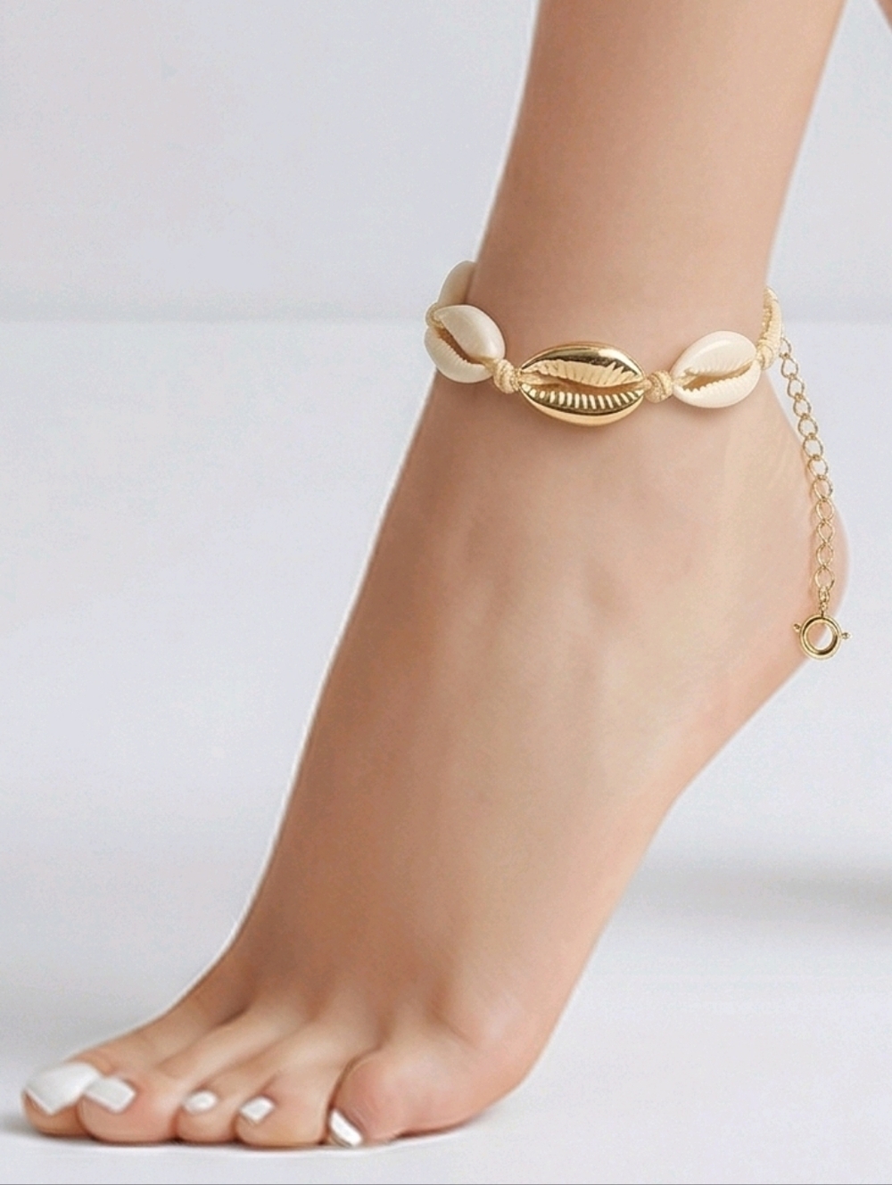 Cowrie Shell Anklet Bracelet Gold Accent Adjustable Rope Cruise Beach Vacation
